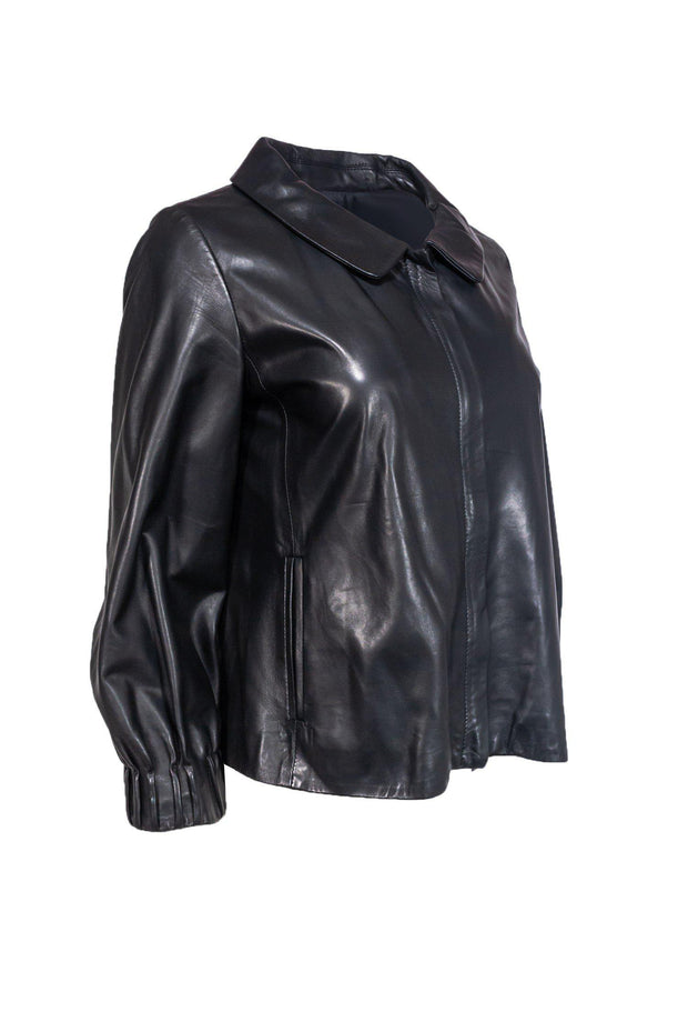 Current Boutique-Theory - Black Leather Jacket w/ Banded Cuffs Sz M