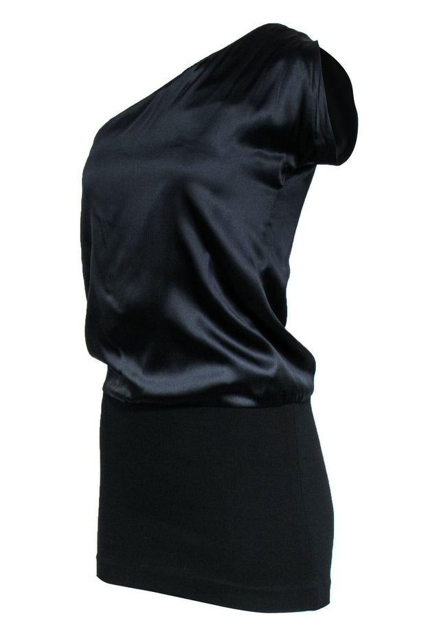 Current Boutique-Theory - Black One-Shoulder Satin & Knit Tunic Sz 4