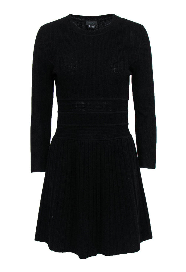 Current Boutique-Theory - Black Wool Blend Ribbed Fit & Flare Dress Sz S