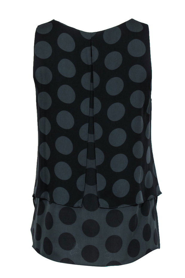 Current Boutique-Theory - Dark Green & Black Polka Dot Silk Vented Tank Sz P