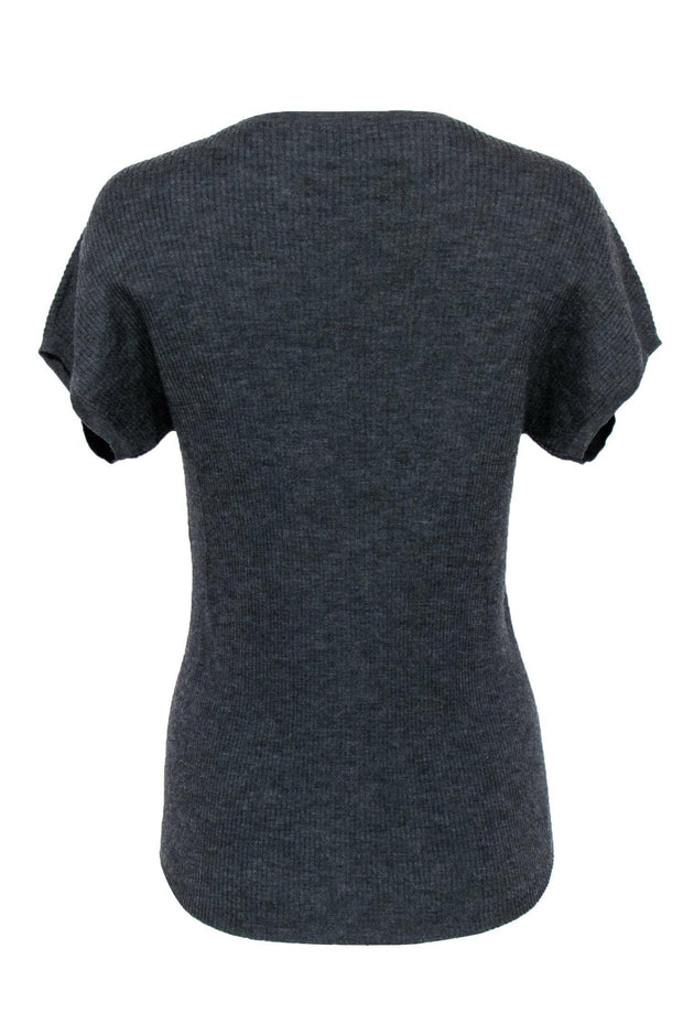 Current Boutique-Theory - Dark Grey Ribbed Short Sleeve High-Low Wool Sweater Sz S