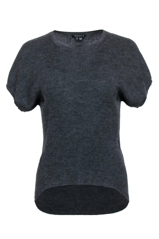 Current Boutique-Theory - Dark Grey Ribbed Short Sleeve High-Low Wool Sweater Sz S