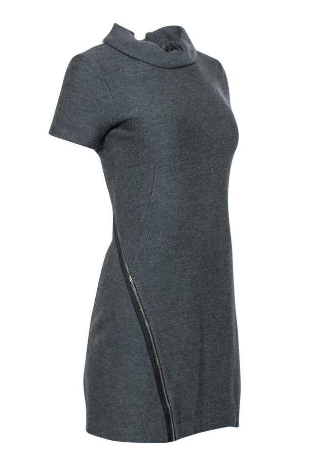 Current Boutique-Theory - Dark Grey Wool Blend Cowl Neck Shift Dress w/ Zipper Trim Sz 2