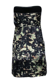 Current Boutique-Theory - Green & Black Abstract Printed Satin Strapless Dress Sz 4