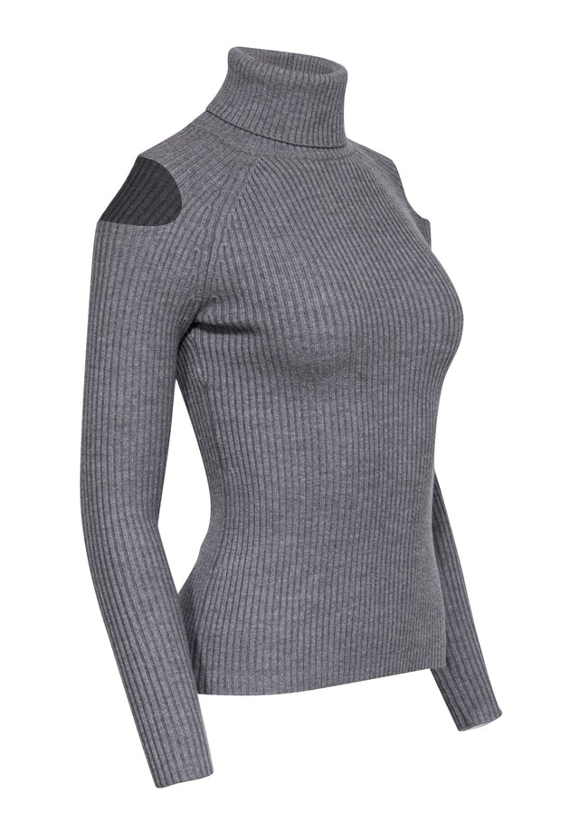 Current Boutique-Theory - Grey Ribbed Knit Wool Turtleneck w/ Cold Shoulder Sz S