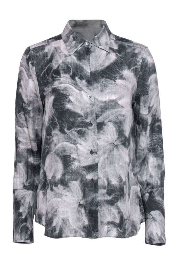 Current Boutique-Theory - Grey & White Abstract Floral Print Button-Up Silk Blouse Sz L