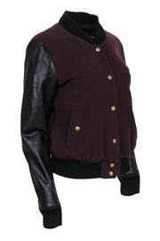 Current Boutique-Theory - Maroon & Black Button-Up Bomber Jacket w/ Leather Sleeves Sz M