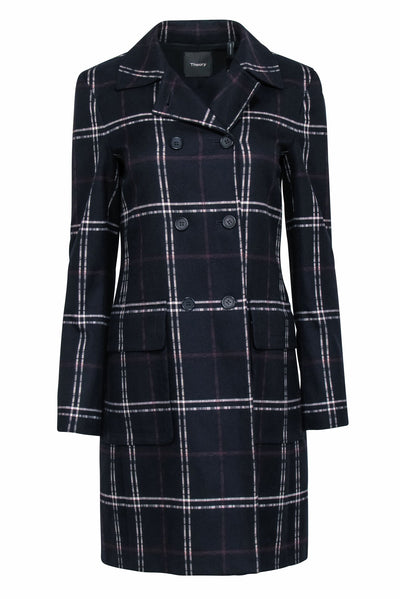 Current Boutique-Theory - Navy, Red & White Plaid Double Breasted Longline Coat Sz S