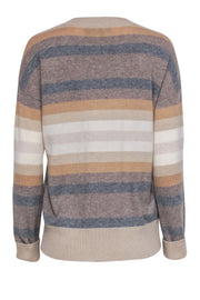 Current Boutique-Theory - Tan, White & Grey Striped Cashmere Crewneck Sweater Sz S