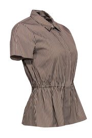 Current Boutique-Theory - Tan & White Striped Short Sleeve Button-Up Blouse w/ Peplum Hem Sz P