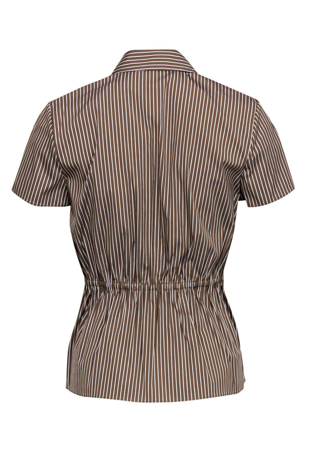 Current Boutique-Theory - Tan & White Striped Short Sleeve Button-Up Blouse w/ Peplum Hem Sz P