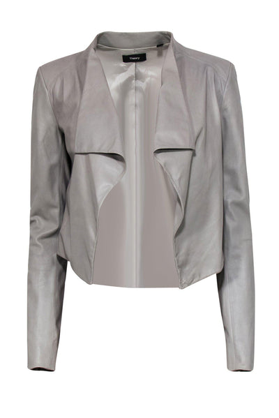 Current Boutique-Theory - Taupe Smooth Cropped Leather Open Jacket Sz P