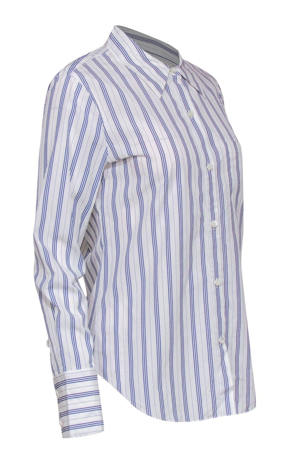 Current Boutique-Theory - White & Blue Striped Long Sleeve Button-Up Blouse Sz M