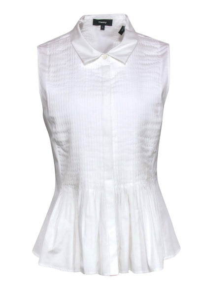 Current Boutique-Theory - White Cotton Peplum Blouse w/ Pintuck Pleats Sz L