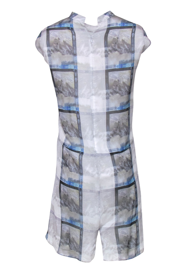 Current Boutique-Theyskens' Theory - Grey, Blue & Green Grid Print Cap Sleeve Silk Shift Dress Sz 6