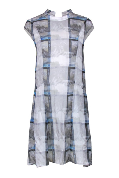 Current Boutique-Theyskens' Theory - Grey, Blue & Green Grid Print Cap Sleeve Silk Shift Dress Sz 6