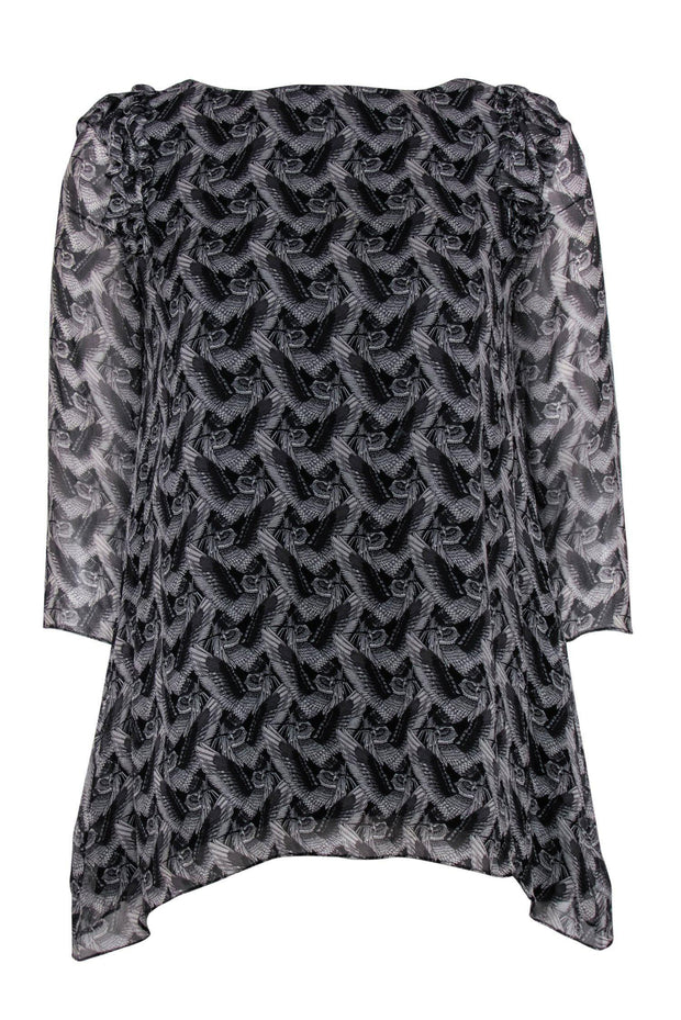 Current Boutique-Thomas Wylde - Black & Grey Bird Print Long Sleeve Ruffle Blouse Sz S