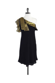 Current Boutique-Tibi - Black & Gold One Shoulder Silk Dress Sz 2