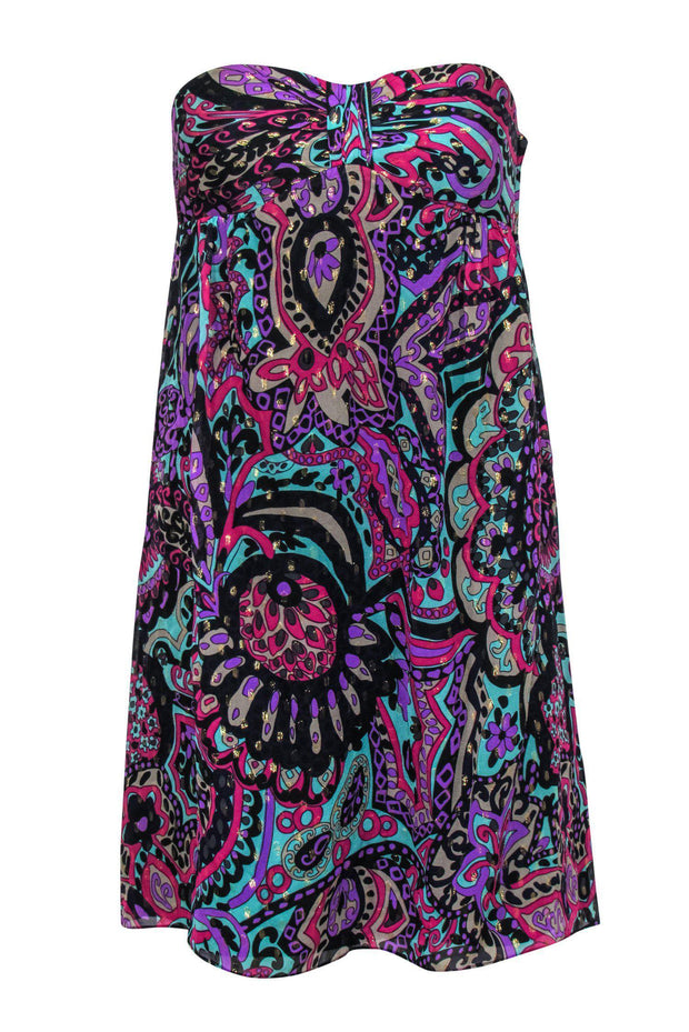 Current Boutique-Tibi - Blue & Multicolored Metallic Bohemian Print Strapless Empire Waist Dress Sz 2