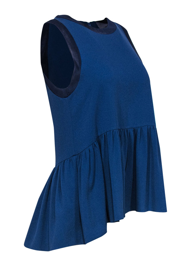 Current Boutique-Tibi - Dark Blue Sleeveless Blouse w/ Navy Trim & Peplum Hem Sz 2