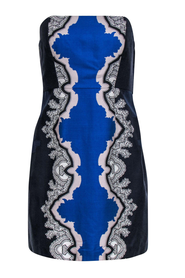 Current Boutique-Tibi - Navy, Cobalt & White Strapless Silk Printed Mini Dress Sz 6