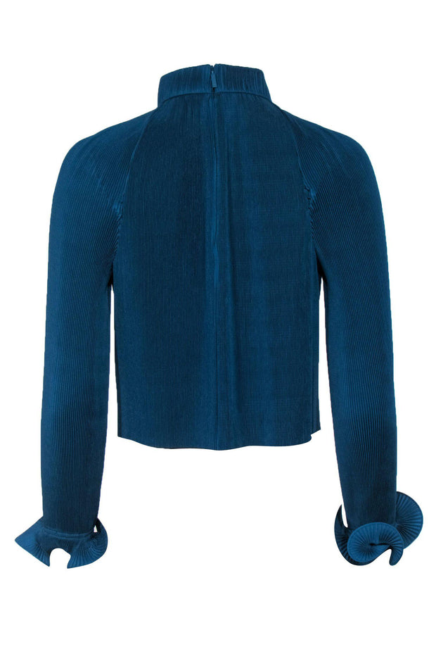 Current Boutique-Tibi - Teal Pleated Mock Turtleneck Cropped Blouse w/ Flared Cuffs Sz XS