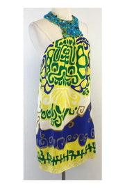 Current Boutique-Tibi - Yellow & Blue Print Silk Halter Beaded Dress Sz 2