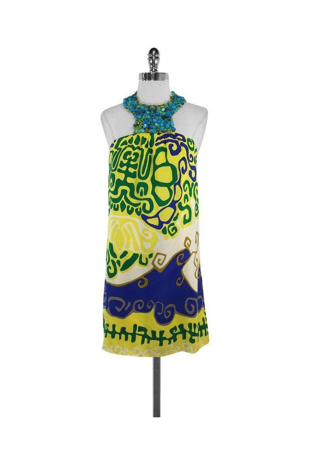 Current Boutique-Tibi - Yellow & Blue Print Silk Halter Beaded Dress Sz 2