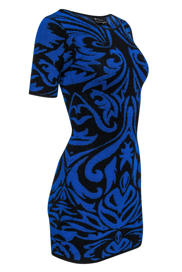 Current Boutique-Torn by Ronny Kobo - Blue & Black Filigree Patterned Bandage Dress Sz XS