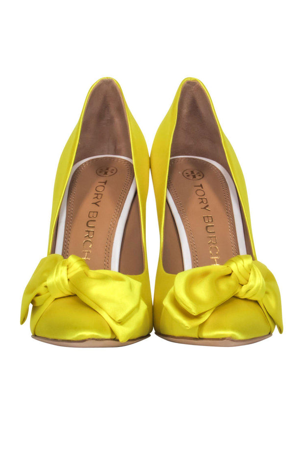 Current Boutique-Tory Burch - Acid Yellow Satin Bow Pumps Sz 9