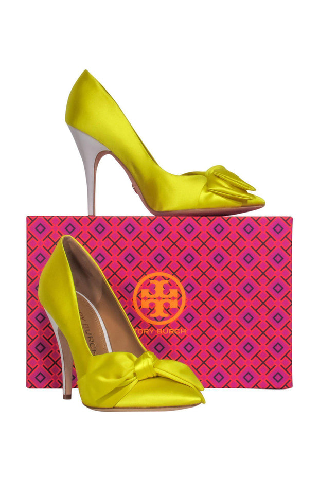 Current Boutique-Tory Burch - Acid Yellow Satin Bow Pumps Sz 9