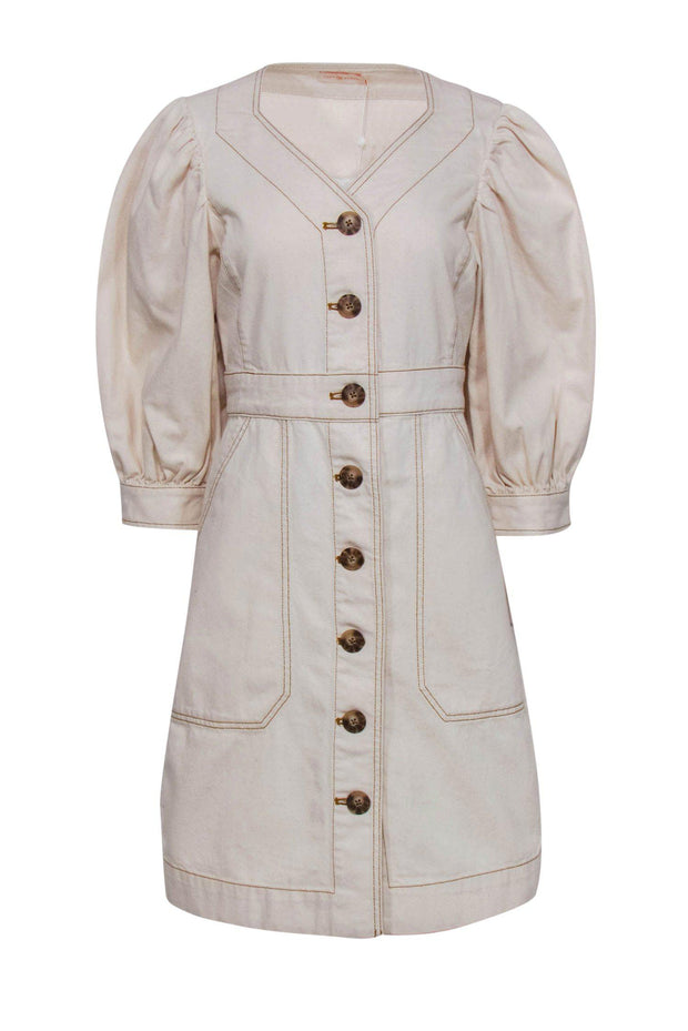 Current Boutique-Tory Burch - Beige Button-Up Puff Sleeve Cotton Sheath Dress Sz 8