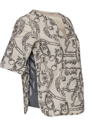 Current Boutique-Tory Burch - Beige & Grey Cotton Linen Embroidered Top w/ Metallic Contrast Sides Sz 4