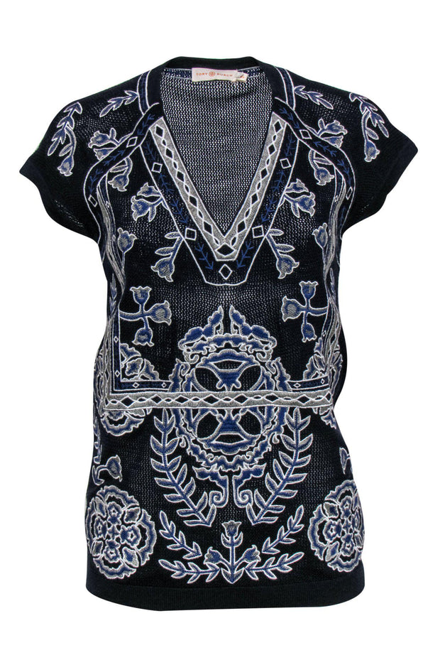 Current Boutique-Tory Burch - Black Knit Short Sleeved Top w/ Embroidery Sz S