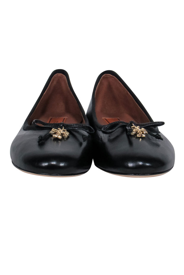 Current Boutique-Tory Burch - Black Leather Ballet Flats w/ Bow & Gold Logo Charm Sz 8