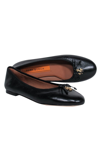 Current Boutique-Tory Burch - Black Leather Ballet Flats w/ Bow & Gold Logo Charm Sz 8