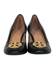 Current Boutique-Tory Burch - Black Leather Block Heel Pumps w/ Logo Buckle Sz 9