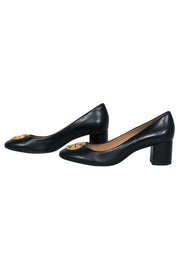 Current Boutique-Tory Burch - Black Leather Block Heel Pumps w/ Logo Buckle Sz 9