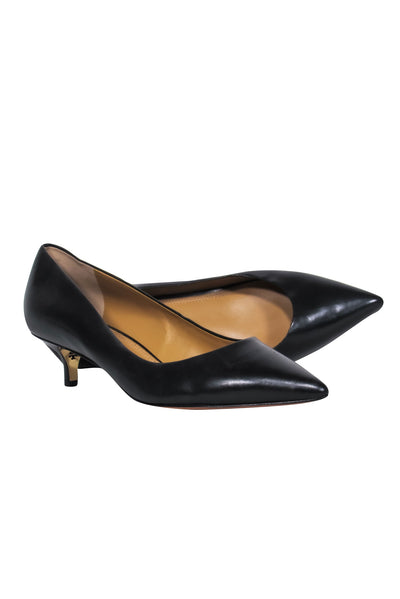 Current Boutique-Tory Burch - Black Leather Pointed Toe Kitten Heel Pumps Sz 9.5