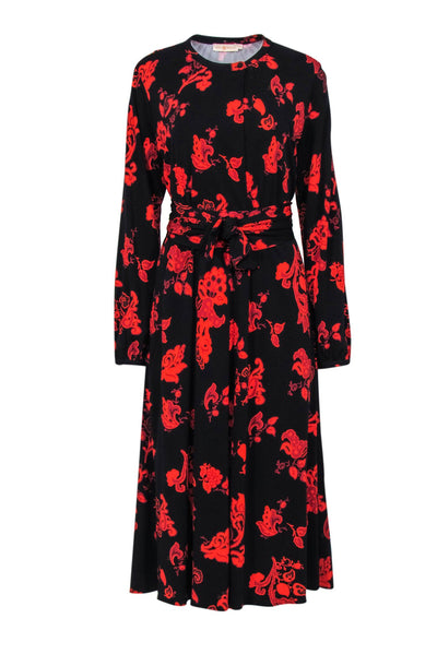 Current Boutique-Tory Burch - Black & Red Floral Maxi Dress w/ Neckline Bow Sz M