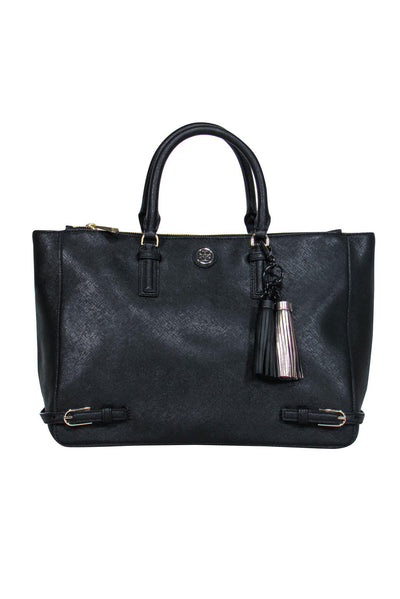 Current Boutique-Tory Burch - Black Textured Leather Carryall w/ Tassels