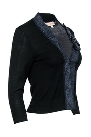 Current Boutique-Tory Burch - Black Wool Cardigan w/ Tweed Trim & Brooch Sz S