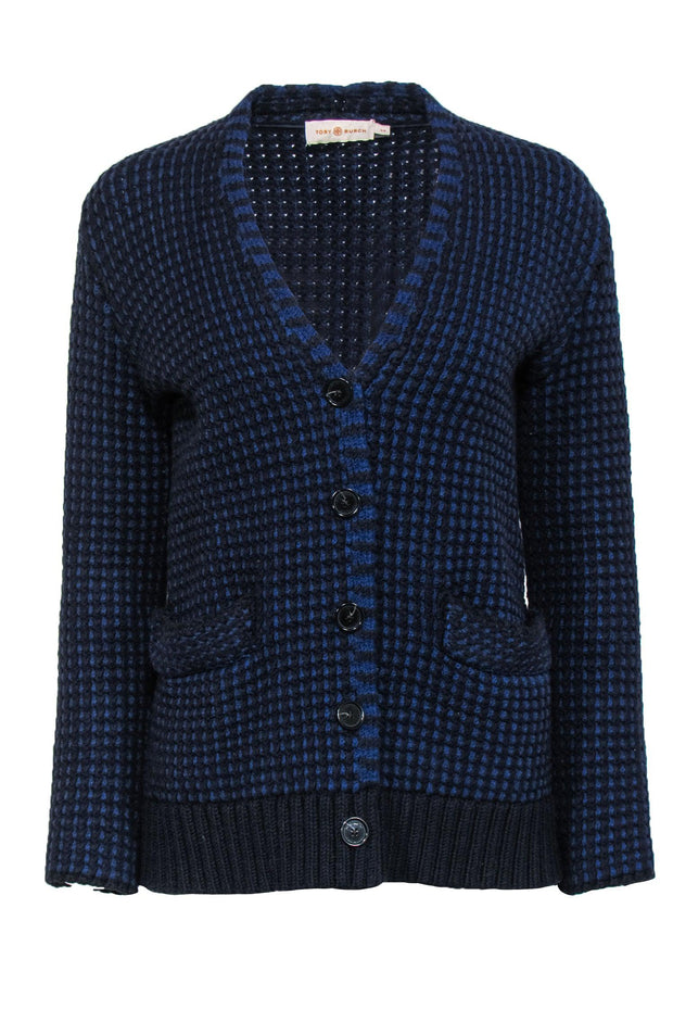 Current Boutique-Tory Burch - Blue & Black Waffle Knit Merino Wool Cardigan Sz S