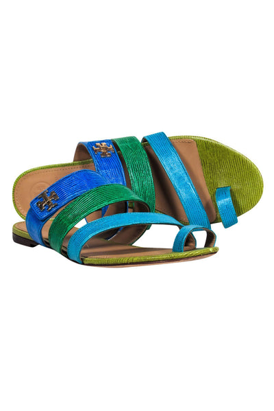 Current Boutique-Tory Burch - Blue & Green Reptile Embossed Strappy Slide Sandals Sz 9