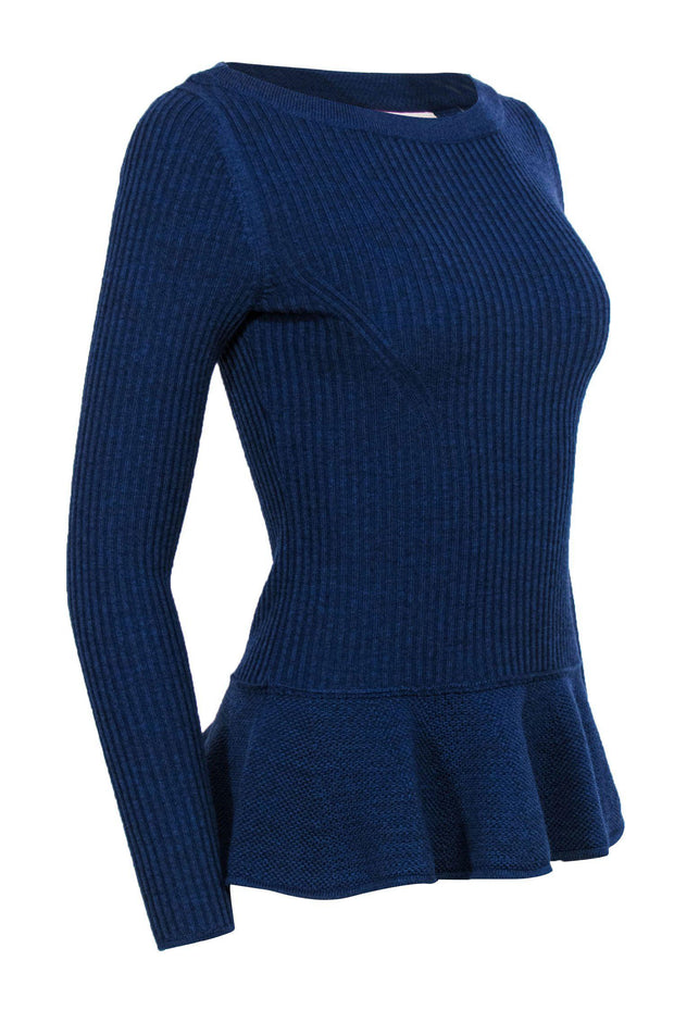 Current Boutique-Tory Burch - Blue Ribbed Knit Wool Sweater w/ Peplum Hem Sz S