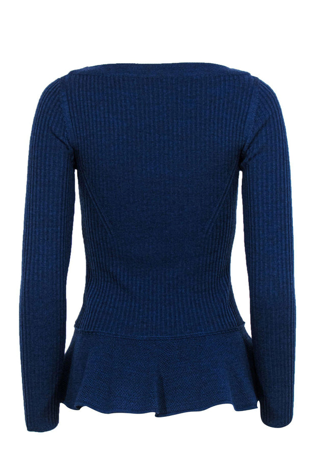 Current Boutique-Tory Burch - Blue Ribbed Knit Wool Sweater w/ Peplum Hem Sz S