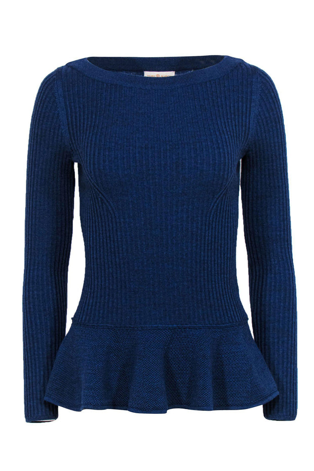 Current Boutique-Tory Burch - Blue Ribbed Knit Wool Sweater w/ Peplum Hem Sz S