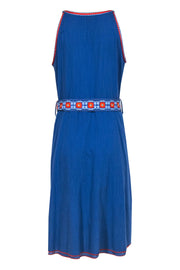 Current Boutique-Tory Burch - Blue Sleeveless Belted Midi Dress w/ Embroidered Trim Sz 10