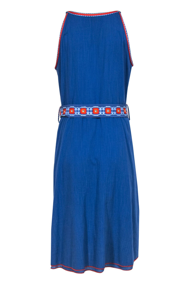 Current Boutique-Tory Burch - Blue Sleeveless Belted Midi Dress w/ Embroidered Trim Sz 10