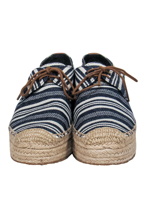 Current Boutique-Tory Burch - Blue & White Striped Woven Platform Lace-Up Espadrilles Sz 8